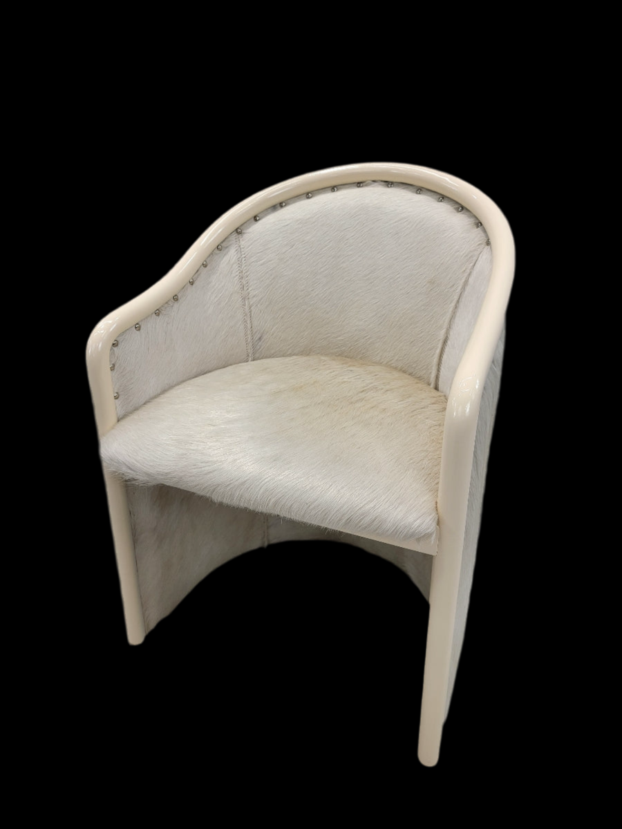 Vintage Italian Cream Lacquer Barrel Back Occasional Chair by Tonon Newly Reupholstered in Cowhide