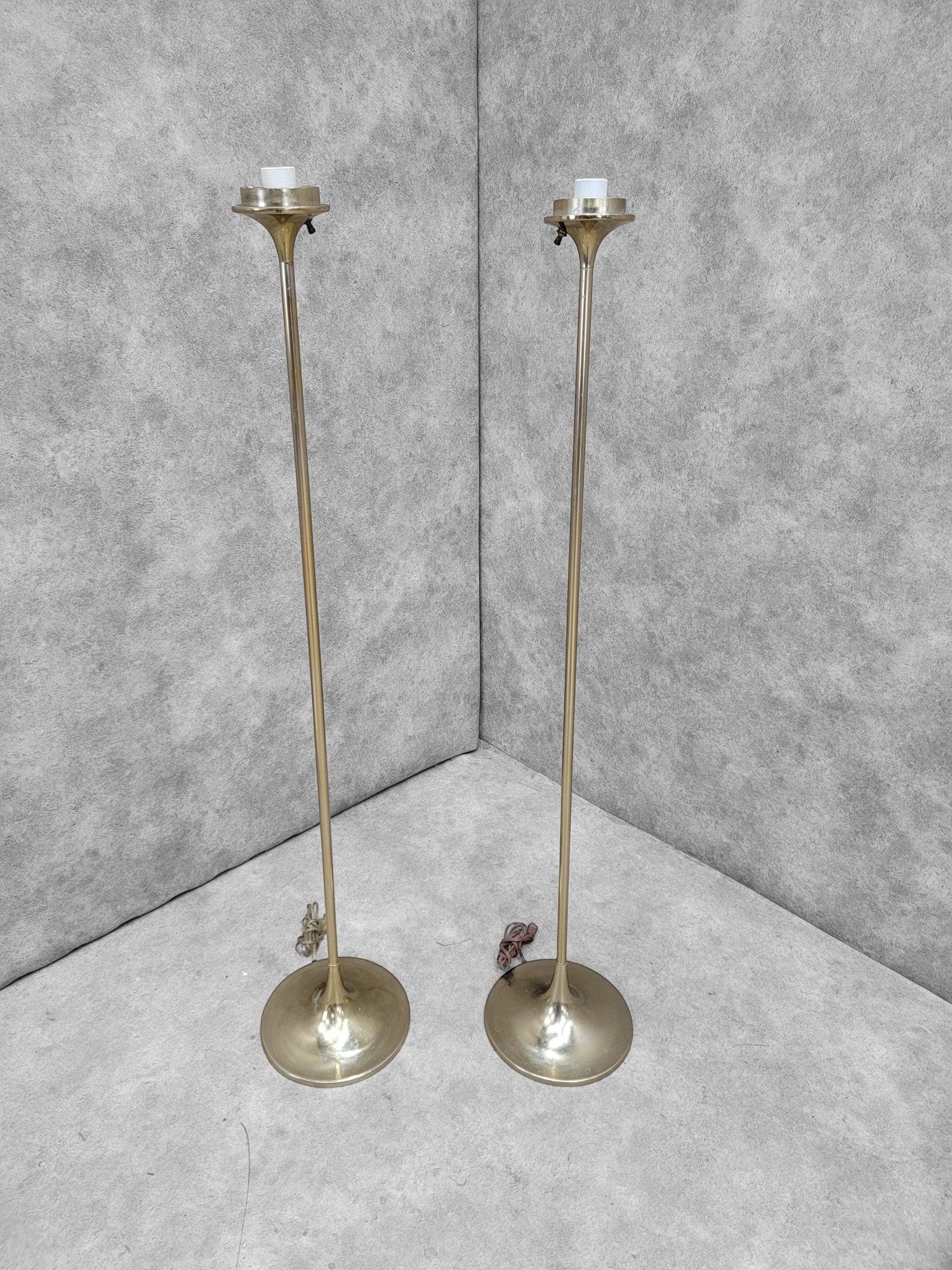 Mid Century Modern Laurel Brass Tulip Base with Milk-Glass Shade Mushroom Floor Lamps - Pair