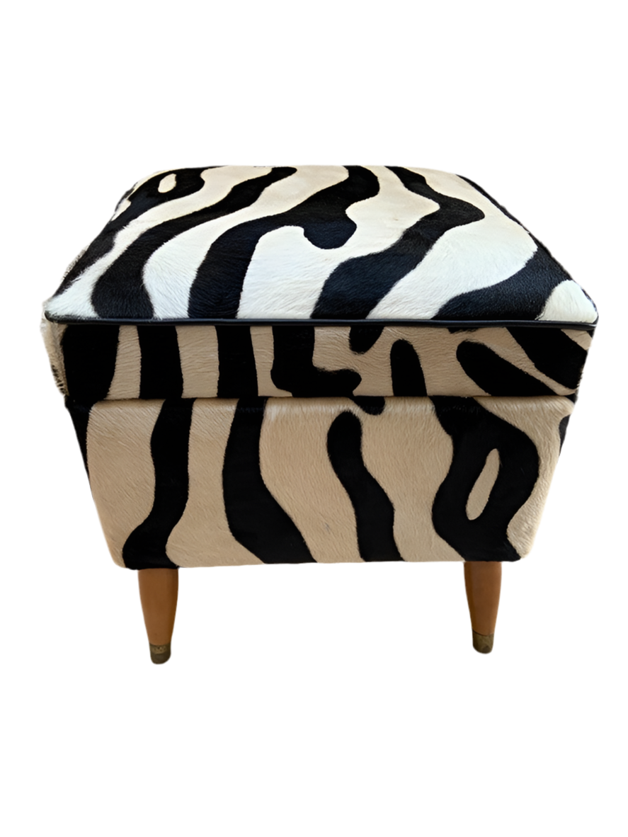 Vintage Storage Ottoman Newly Reupholstered in Zebra Cowhide