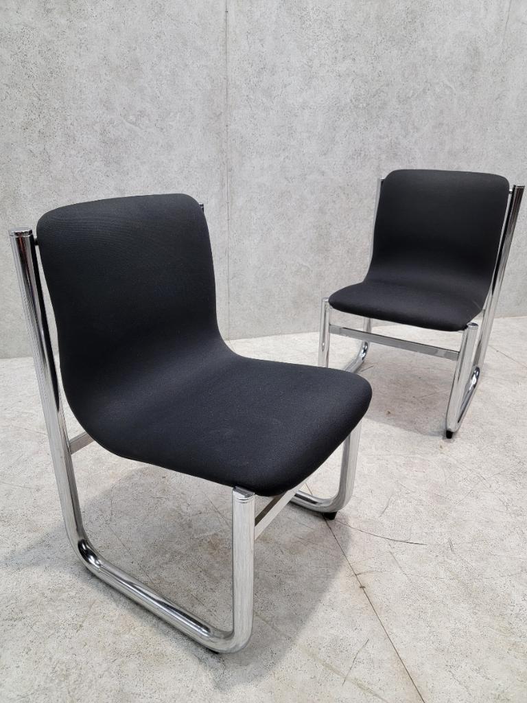Mid Century Modern 
Hannah Morrison Style Chrome Tubular Sling Dining Chairs - Set of 4