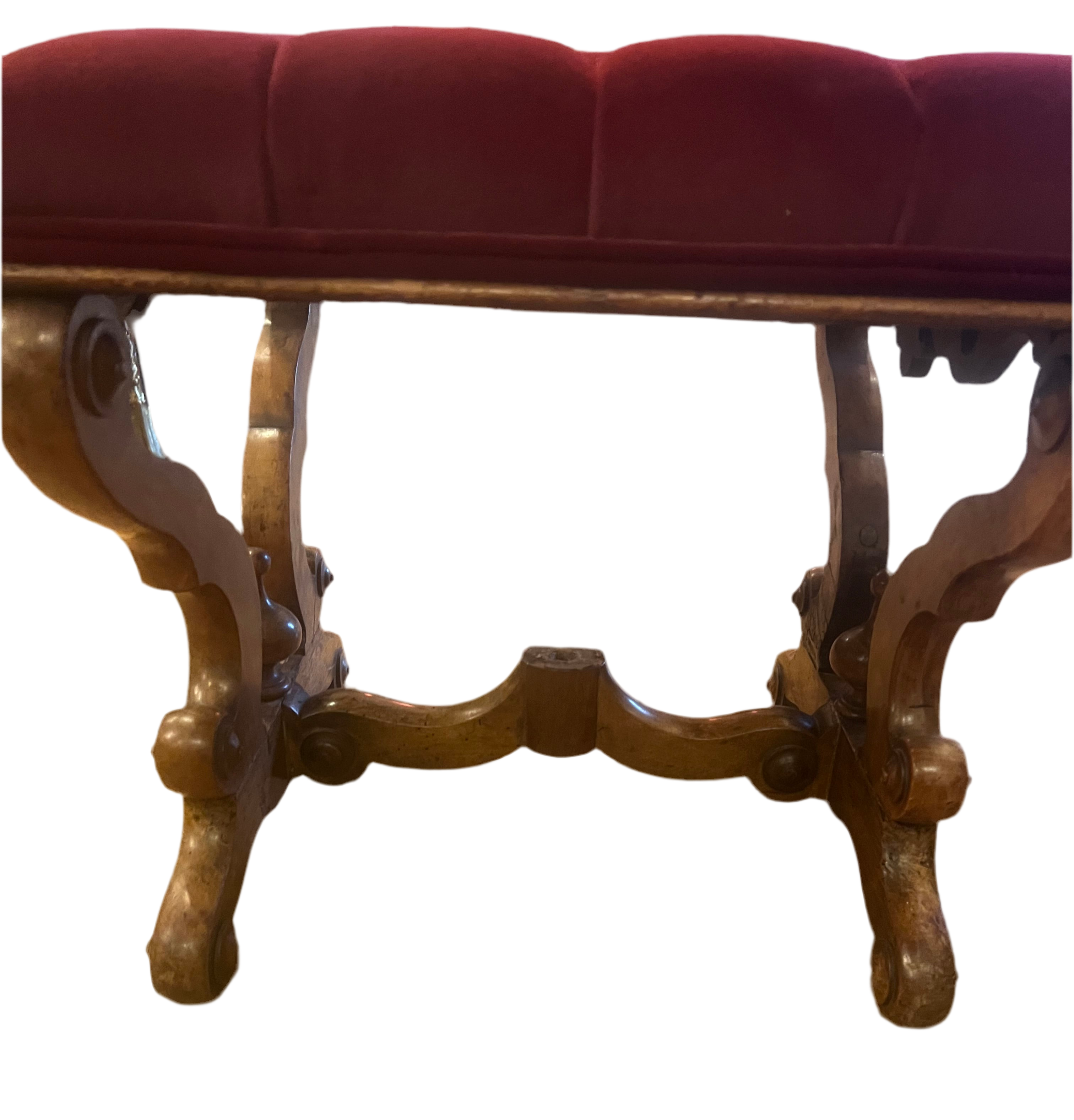 Antique Tufted Ottoman Newly Reupholstered in Burgundy Velvet