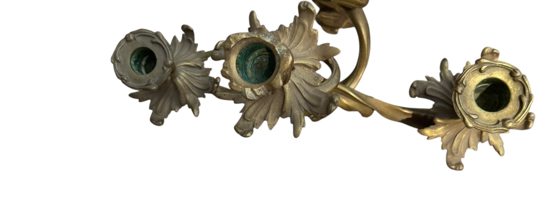Antique French Louis XV Style Three Light Bronze Wall Candle Sconces - Pair