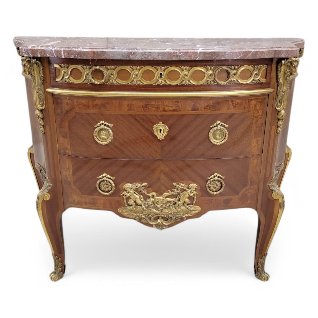 Antique French Acajou and Tulipwood Gilt Bronze Marble Top Commode in the Style of Paul-Charles Sormani