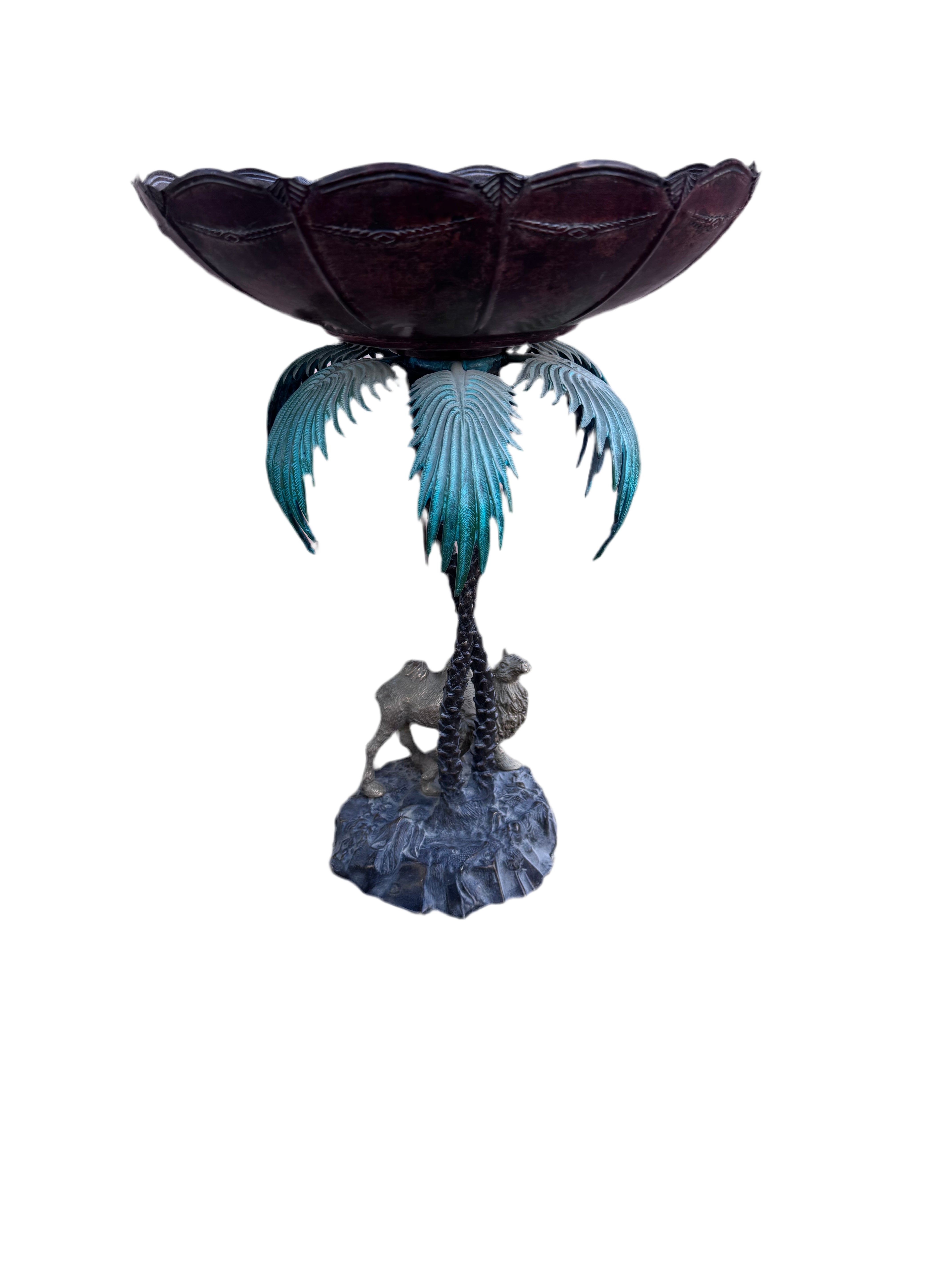 Anglo Indian Bronze Serving Bowl on a Palm Tree Stand with Camel