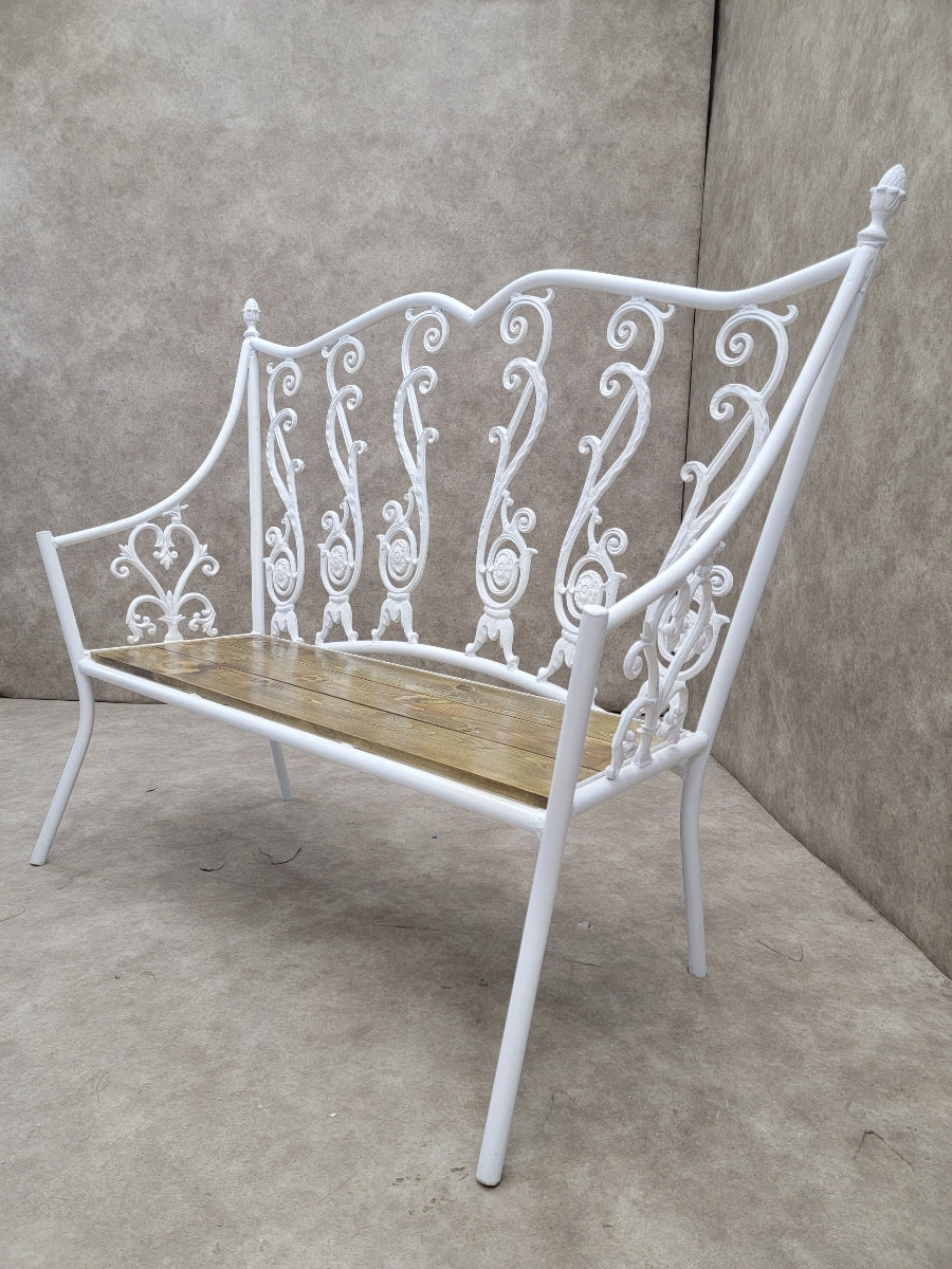 Antique Victorian Colonial Style Hand-Forged White Wrought Iron Indoor/Outdoor Bench