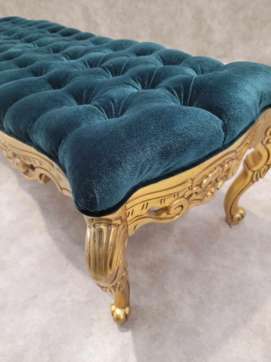 Antique Italian Rococo Style Carved Gilt Tufted Bench Newly Reupholstered in Velvet