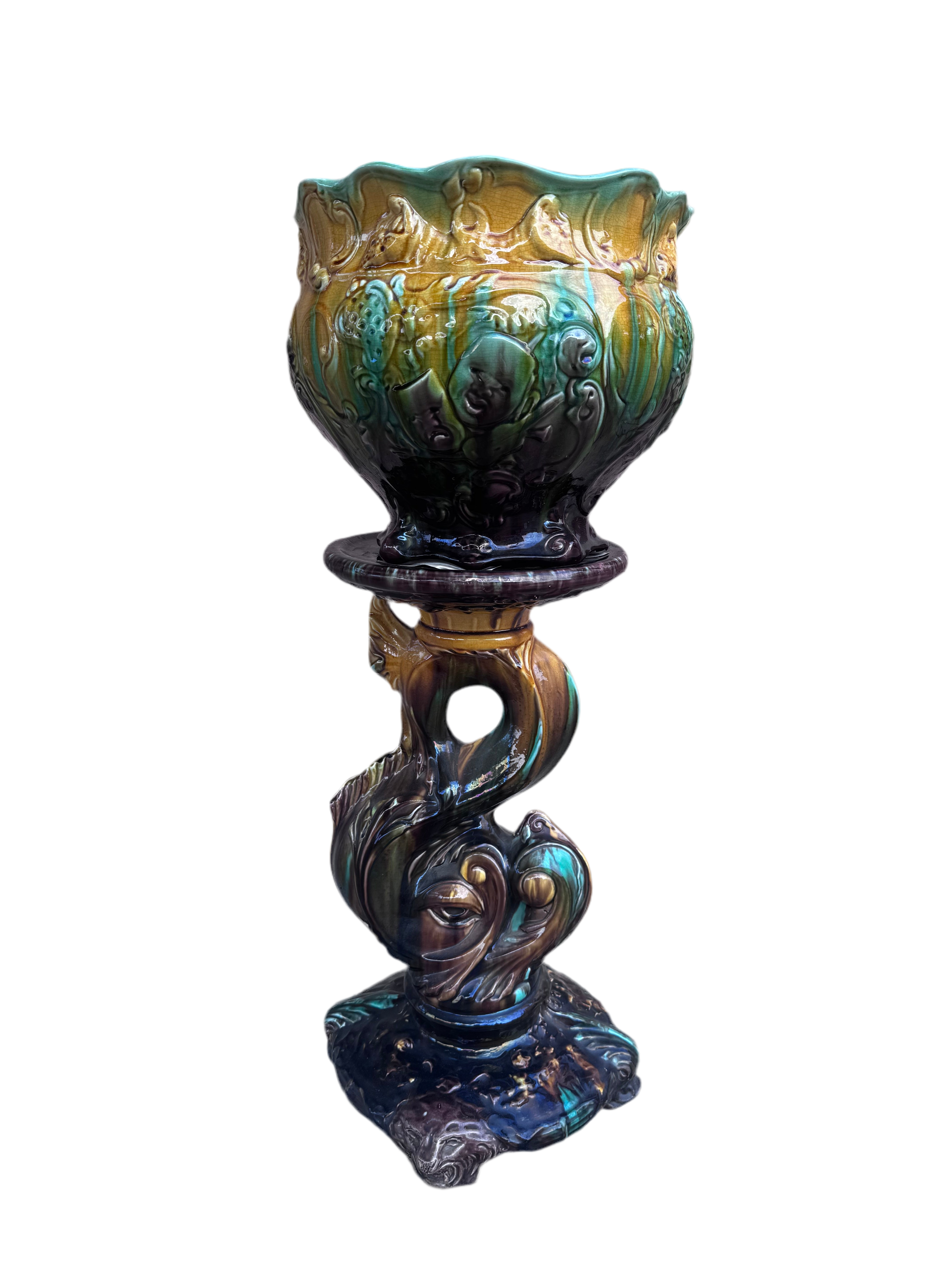 Vintage Weller Majolica Pottery Jardiniere & Pedestal Set