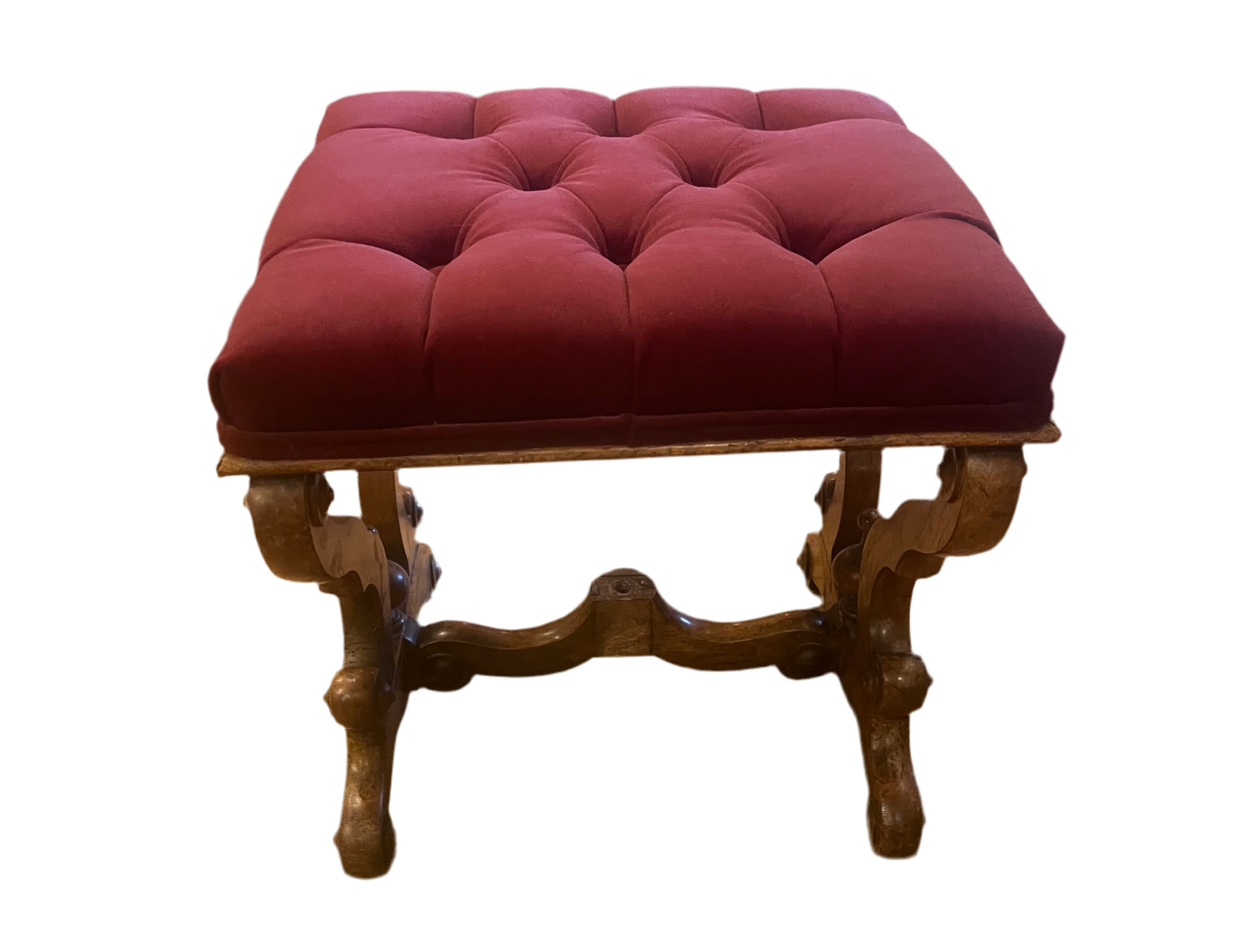 Antique Tufted Ottoman Newly Reupholstered in Burgundy Velvet