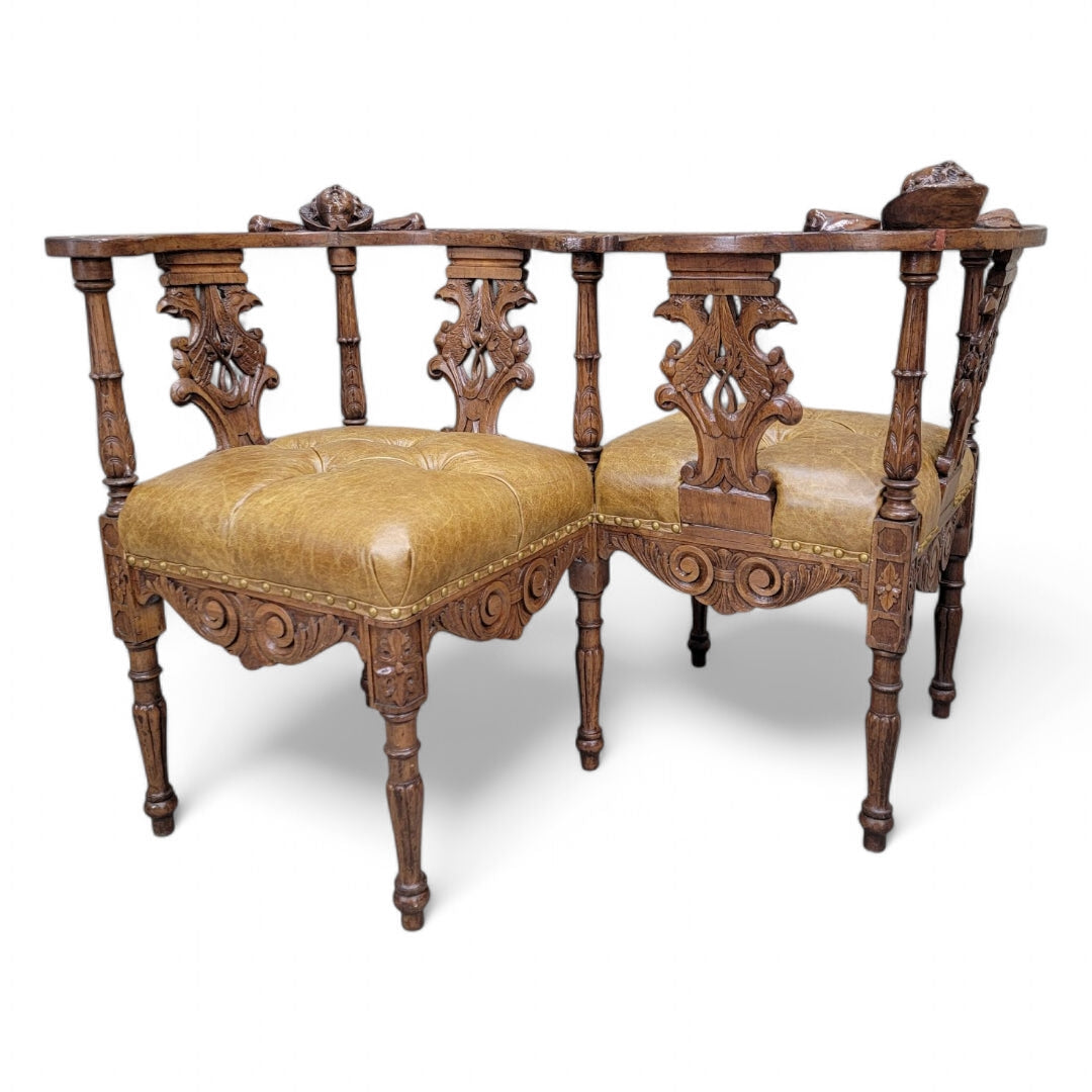 Antique Italian Renaissance Revival Ornate Carved Figural Tufted Tete-a-Tete Bench Newly Reupholstered in Leather