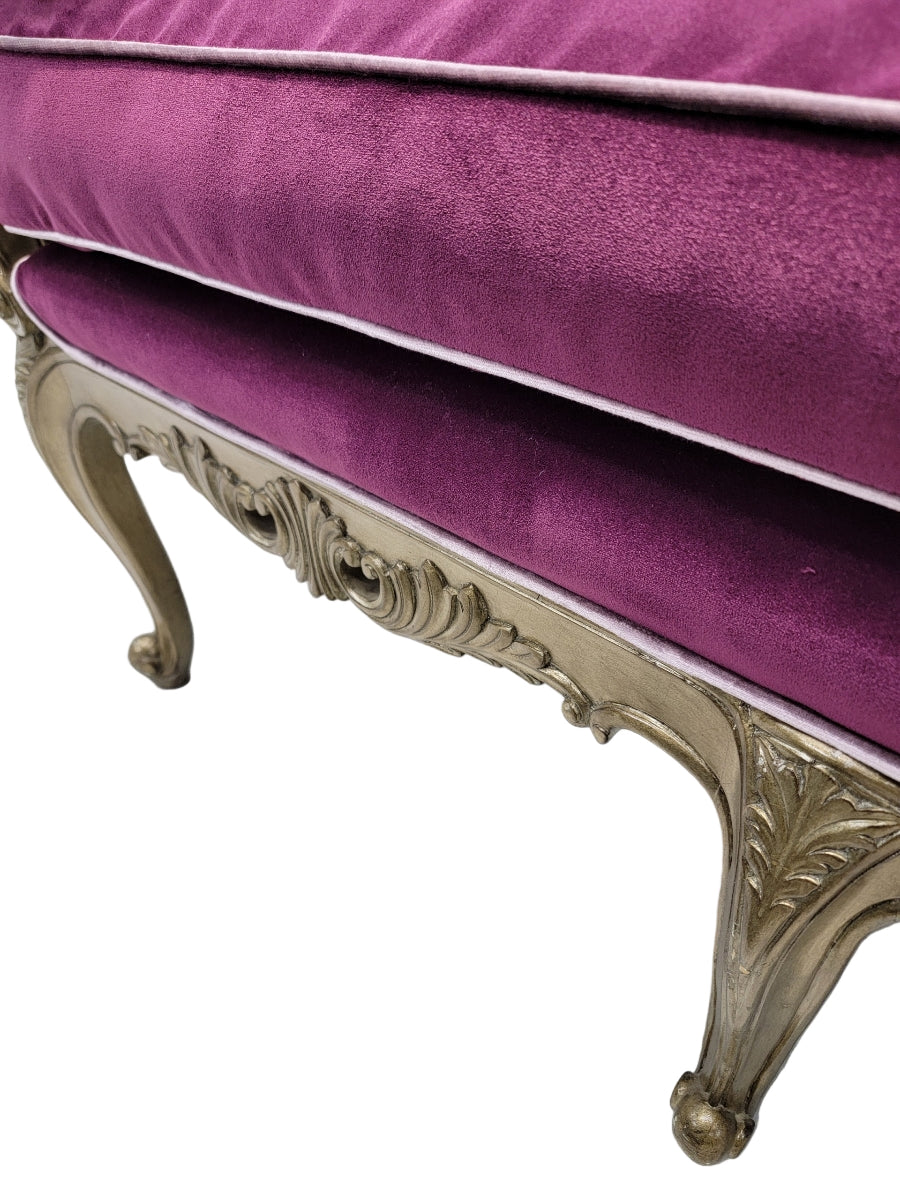 Vintage Marge Carson Carved Beauvais Bench Settee Newly Reupholstered in Velvet
