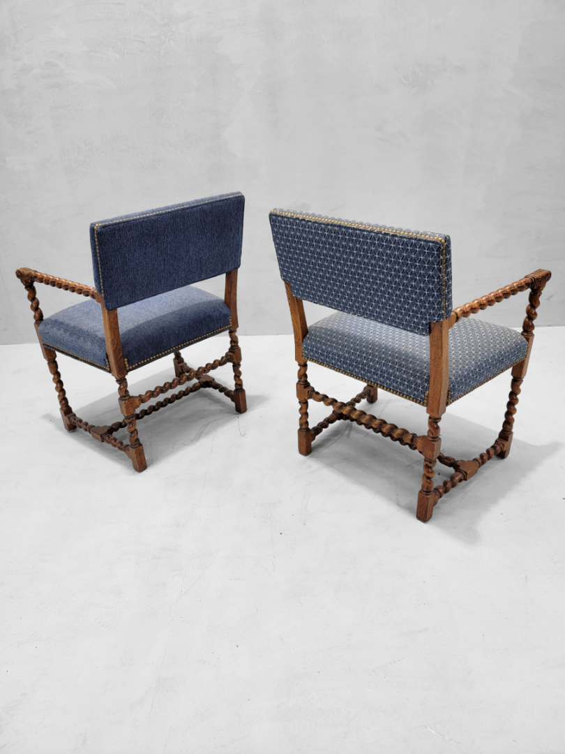 Vintage Baker Furniture English Oak Barley Twist Dining Chairs with Nailhead Finished - Set of 6