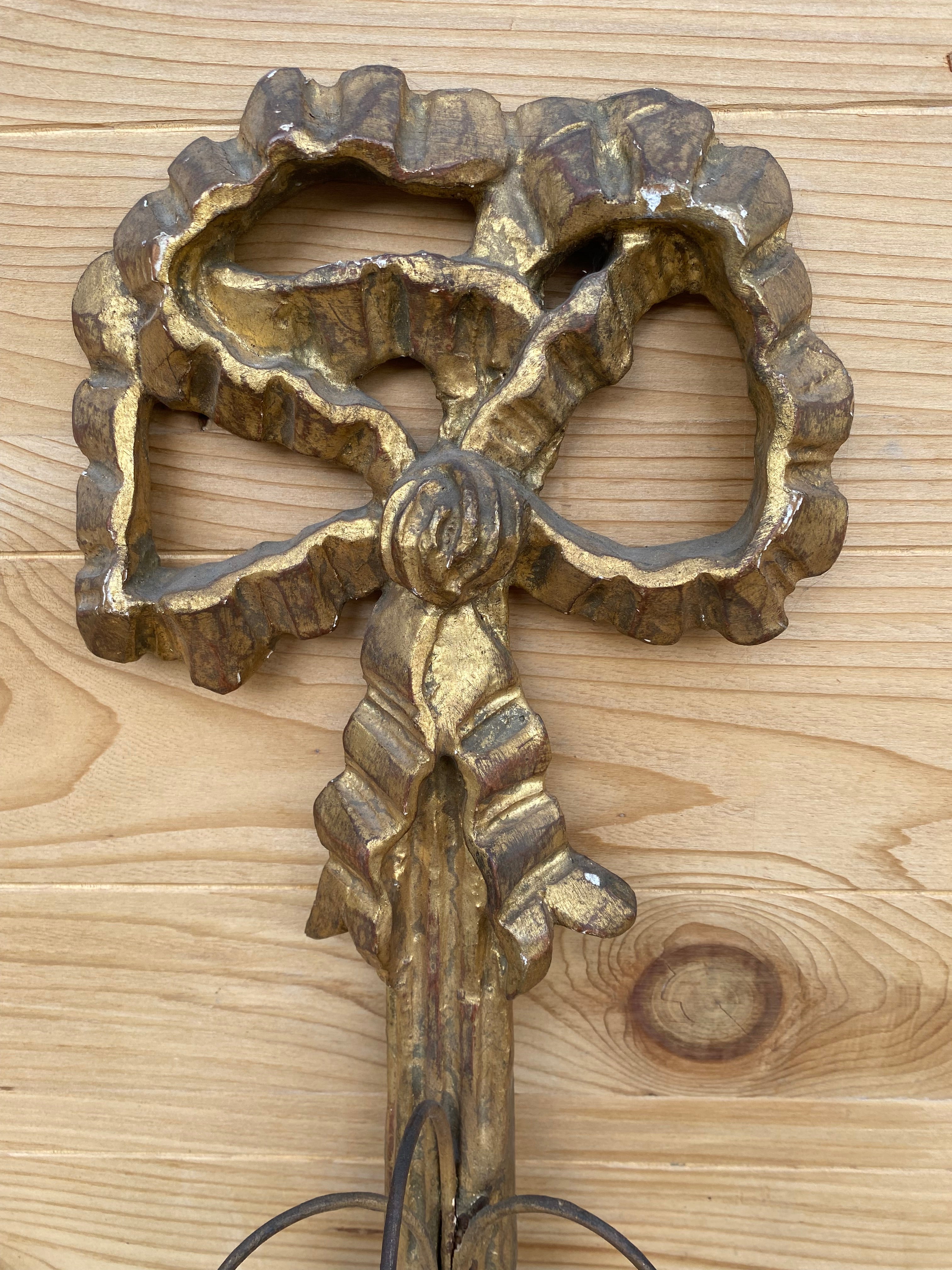 Antique Italian Federal Style Figural Carved Gold Gilded Candle Wall Sconce - Pair