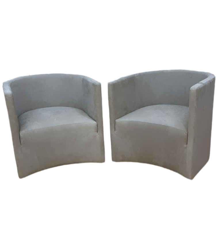 Vintage Barrel Back Lounge Chairs Newly Upholstered in Designer Textured Embossed Scaled Suede - Pair