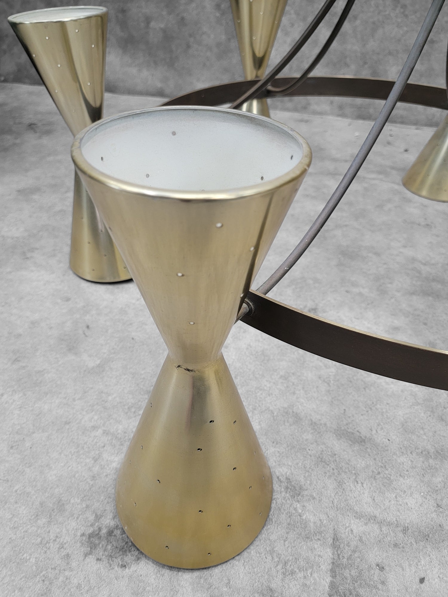 Mid Century Modern Atomic Brass Finish 6 Hourglass Double Sided Cone Chandelier