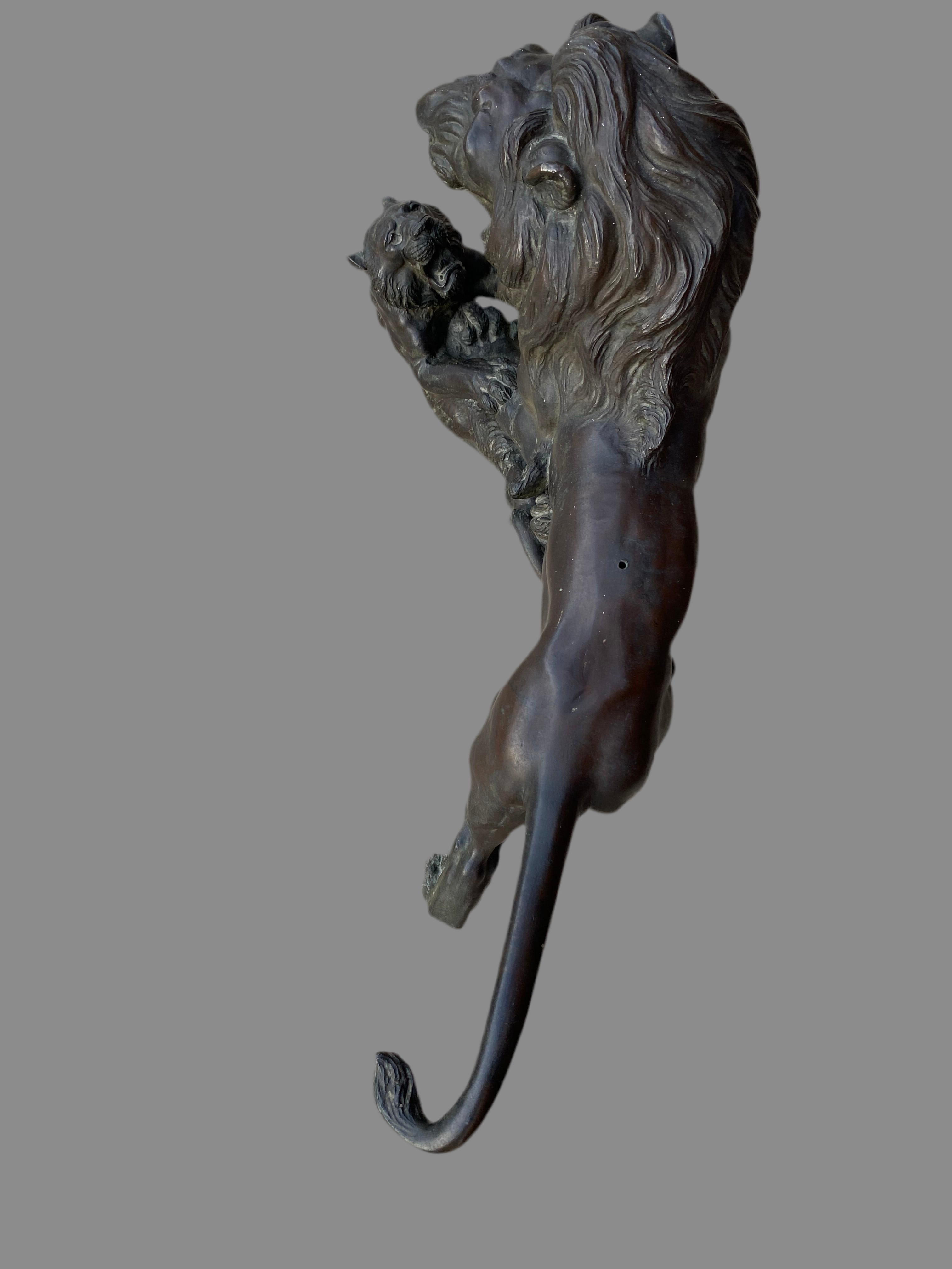 Antique Japanese Bronze Sculpture of Roaring Lion vs. Tiger