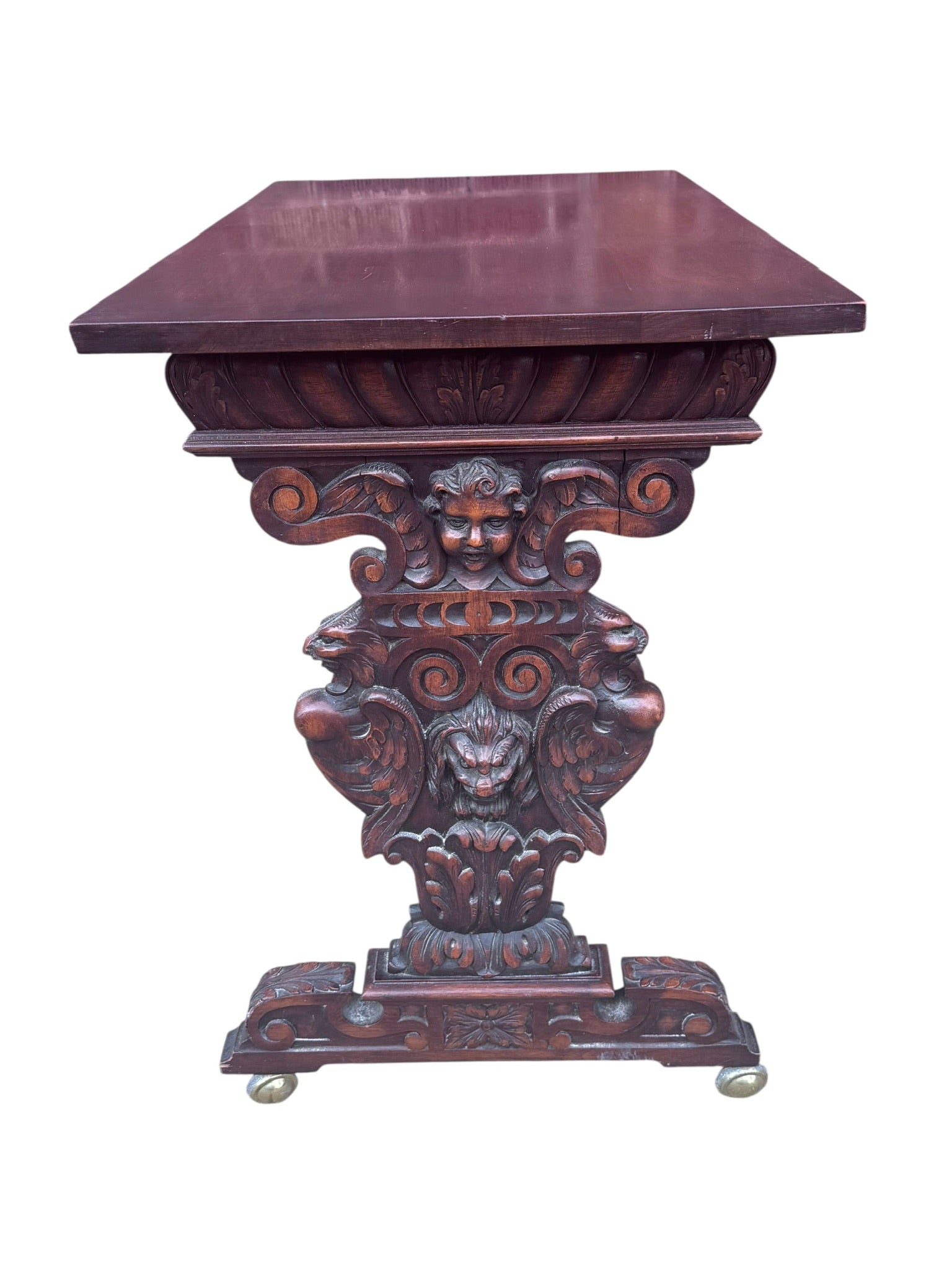 Antique Italian Renaissance Revival Carved Ornate Figural Console Table