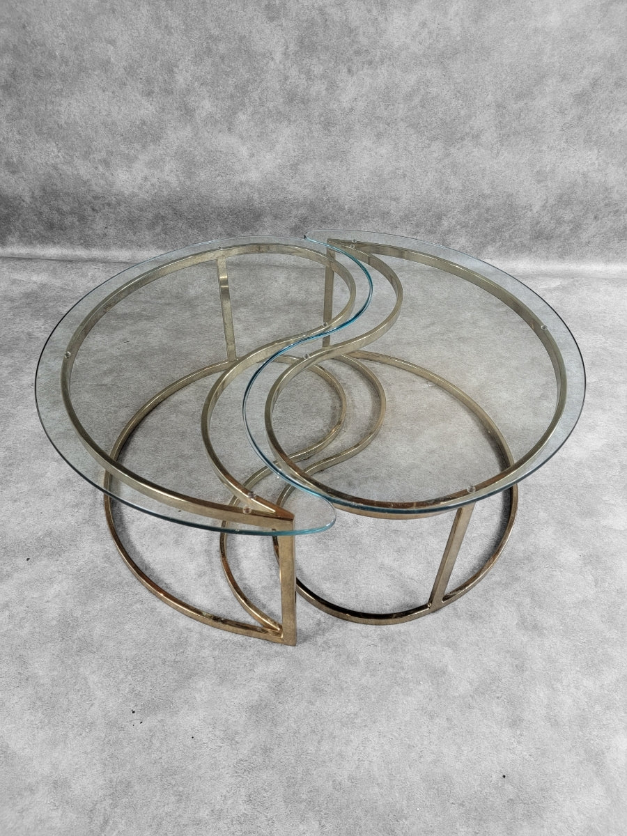 Mid Century Modern Milo Baughman Style Brass Tear Drop Ying/Yang Coffee/Side Tables for DIA