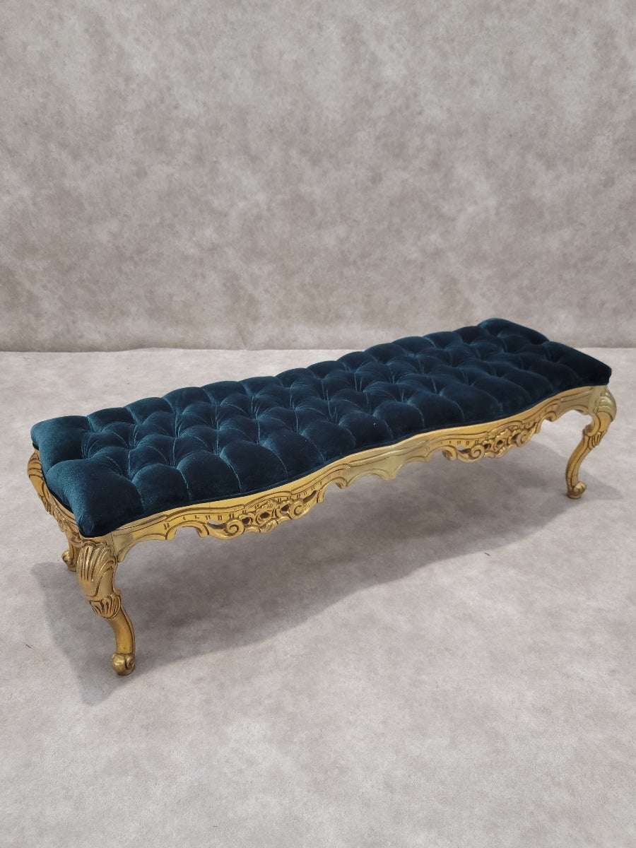 Antique Italian Rococo Style Carved Gilt Tufted Bench Newly Reupholstered in Velvet