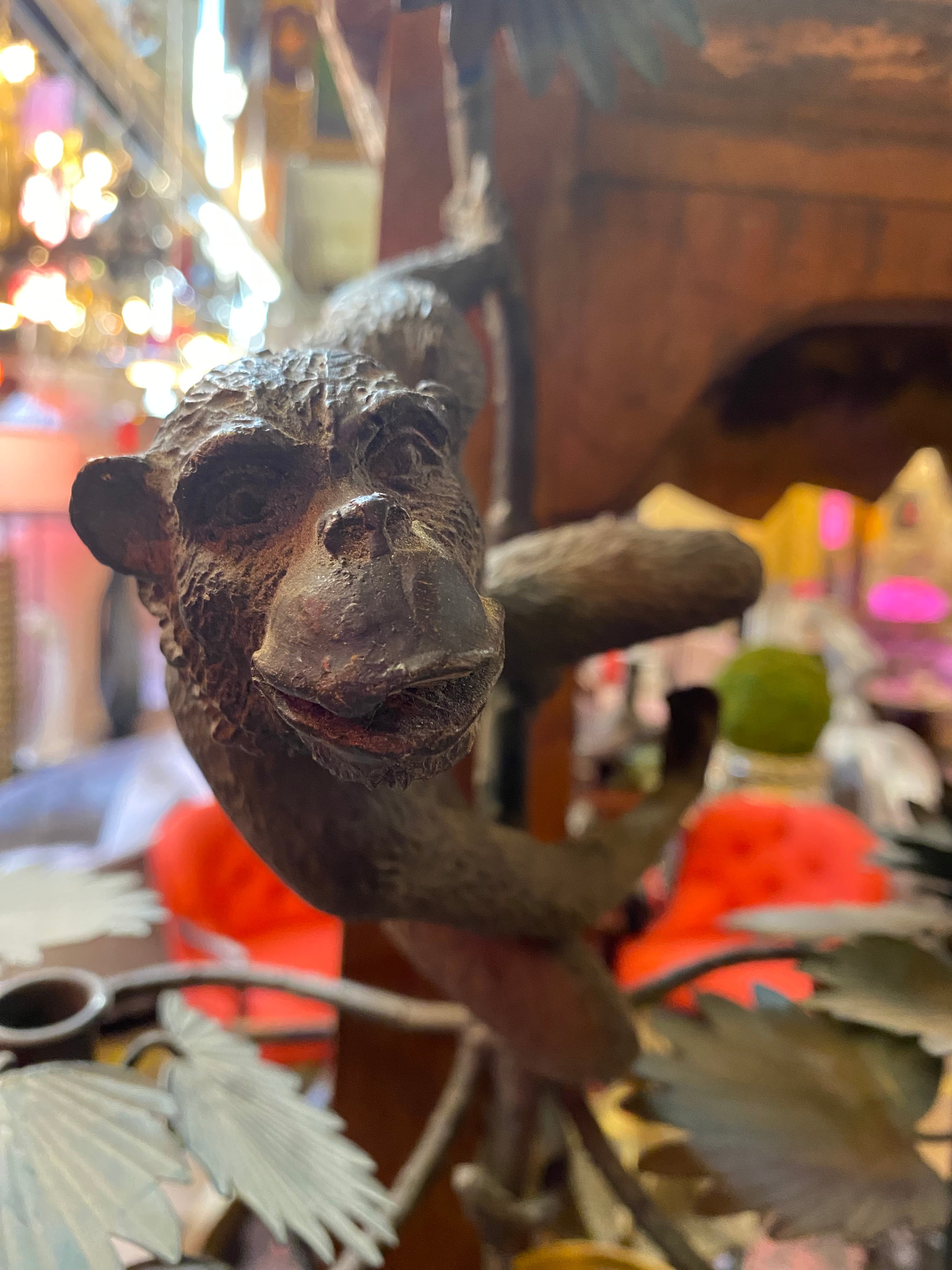 Vintage Hollywood Regency Italian Cast Iron Monkey Palm Wall Sconces - Pair