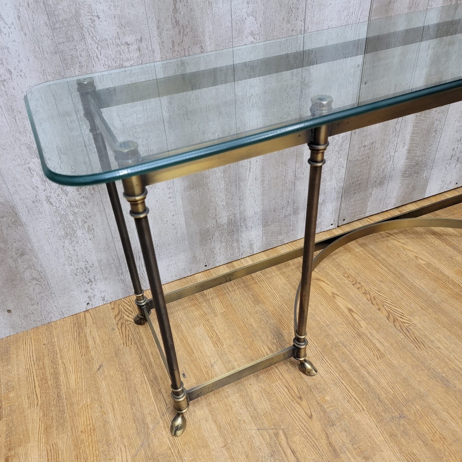 Hollywood Regency Maison Jansen LaBarge Style Brass Glass Top Console Table