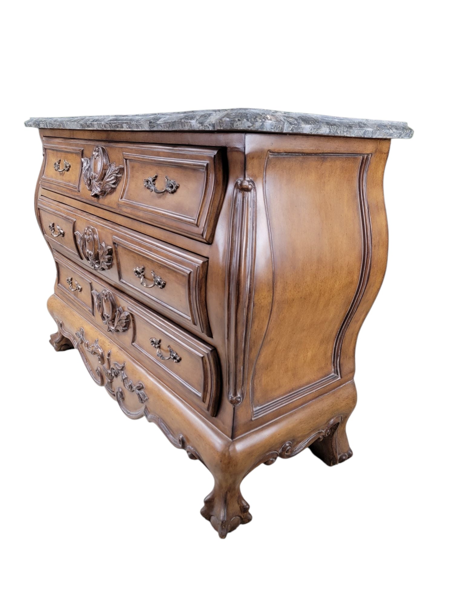 New - Vintage French Provincial Style Carved Bombe Chest with Stone Top