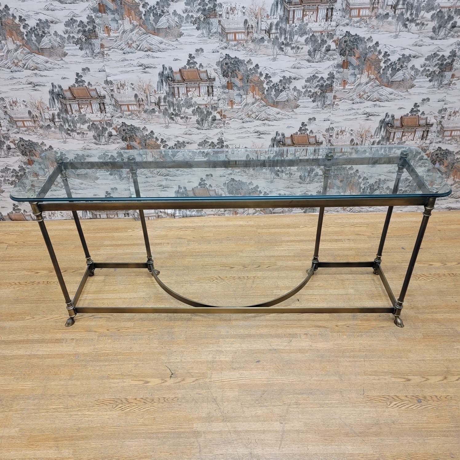 Hollywood Regency Maison Jansen LaBarge Style Brass Glass Top Console Table
