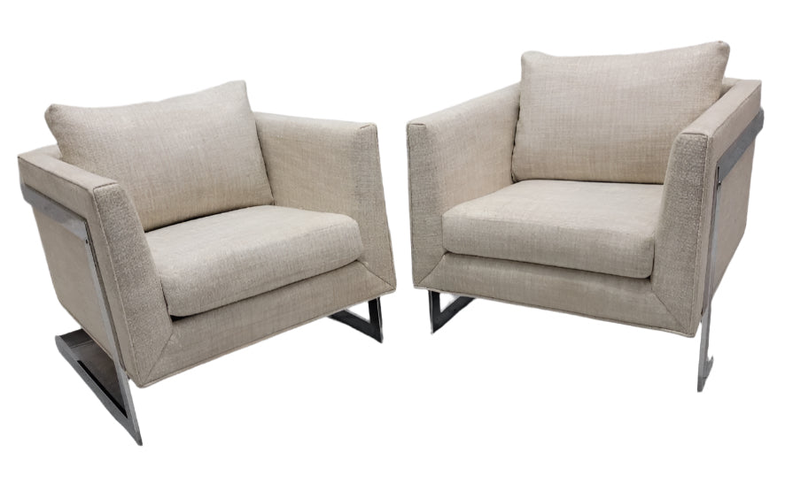 Mid Century Modern Milo Baughman Chrome Flat Bar Cantilever Chairs Newly Reupholstered - Pair