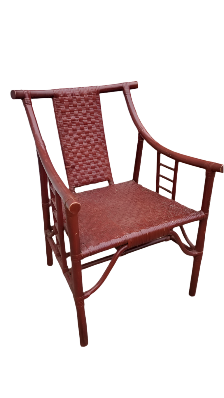 Hollywood Regency Tommi Parzinger Style Red Bamboo and Wicker Armchair