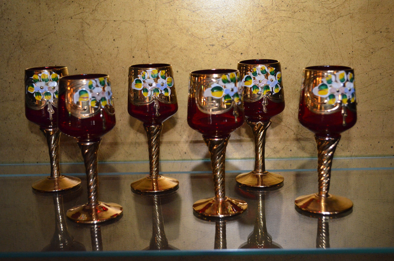 Czech Republic Hand Painted and Hand Blown Decanter and Glasses - 12 Piece Set