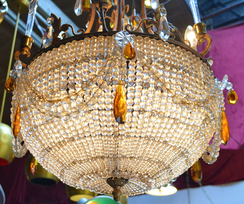 Antique French Victorian Chandelier With a Crystal Beaded Bowl