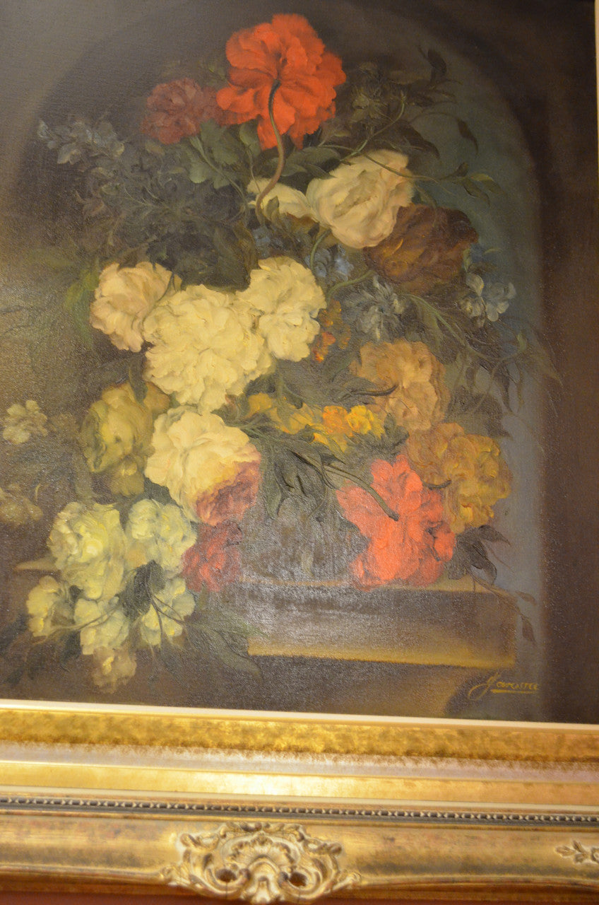 Antique Floral Still Life Oil Painting in Gold Gilded Carved Ornate Frame