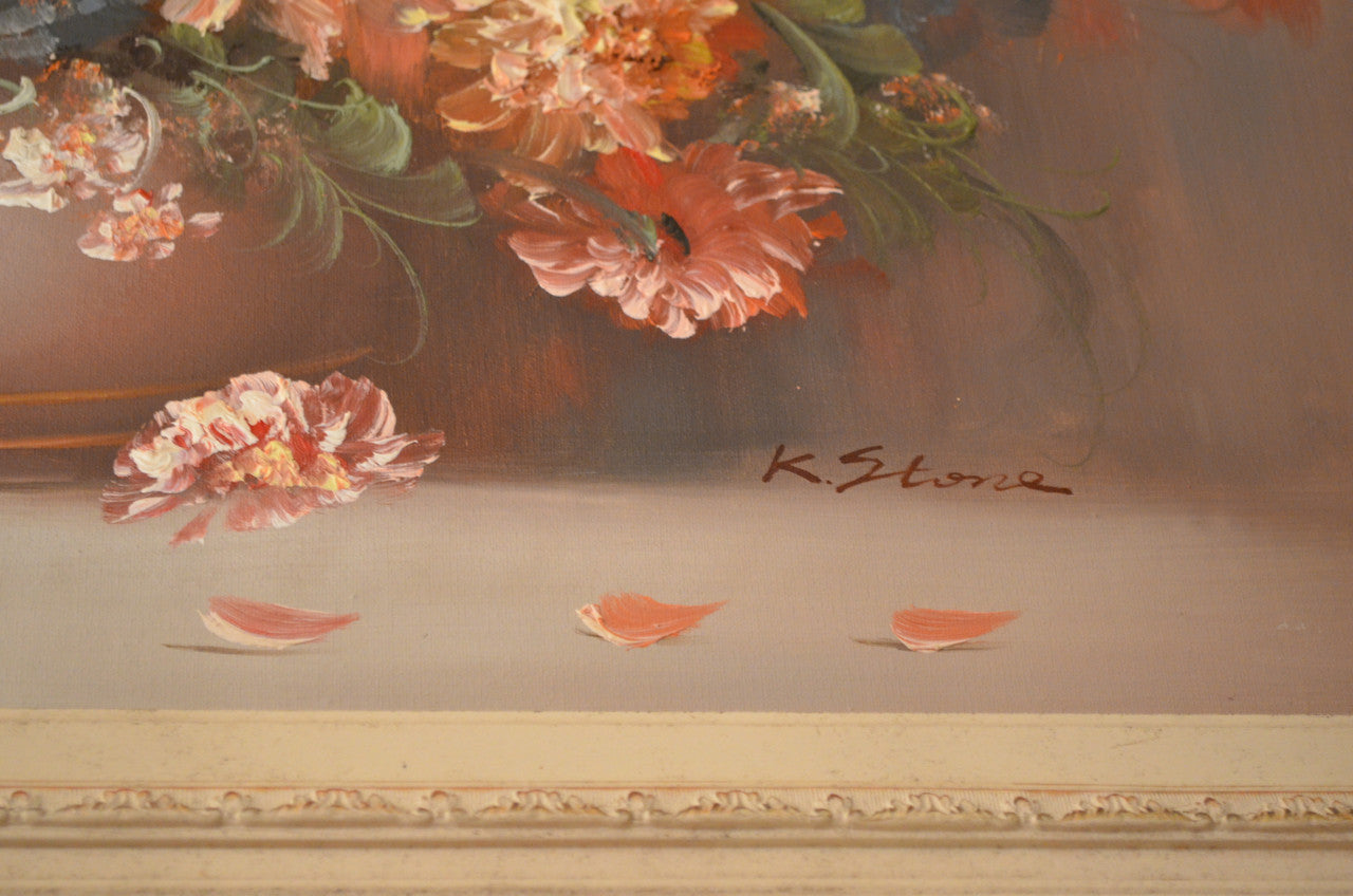 Vintage Floral Still Life Oil Painting in White Ornate Carved Frame