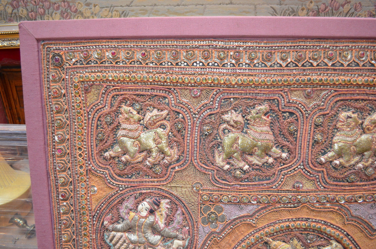 Vintage Extra Large Framed Burmese Kalaga Texttile Tapestry