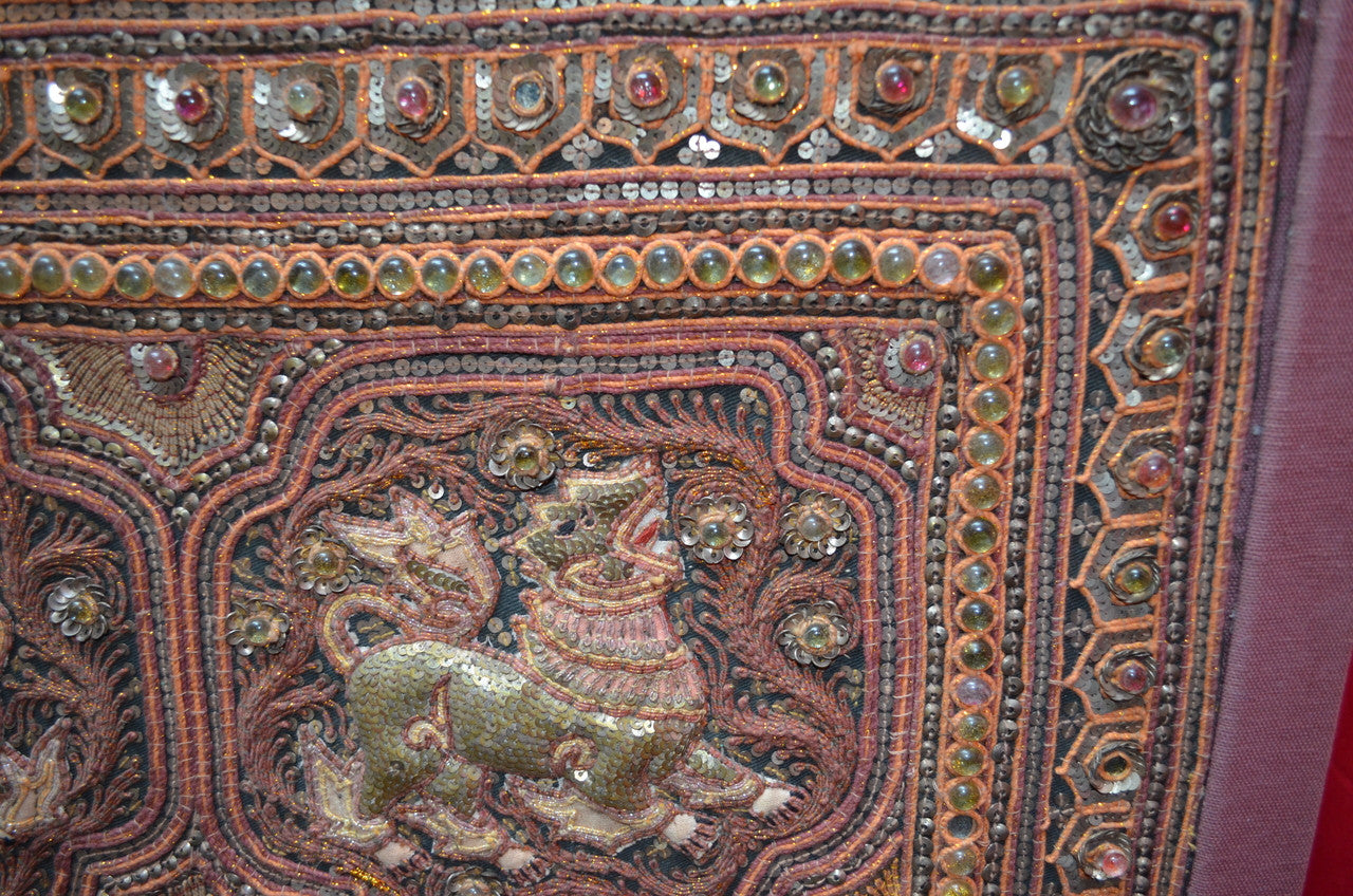 Vintage Extra Large Framed Burmese Kalaga Texttile Tapestry