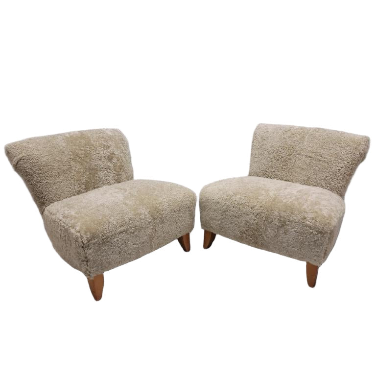 Mid Century Modern Swedish Scroll Back Slipper Chairs Newly Reupholstered in Natural Sheep Wool - Pair