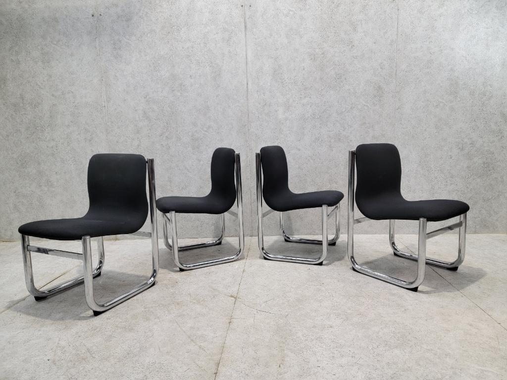 Mid Century Modern 
Hannah Morrison Style Chrome Tubular Sling Dining Chairs - Set of 4