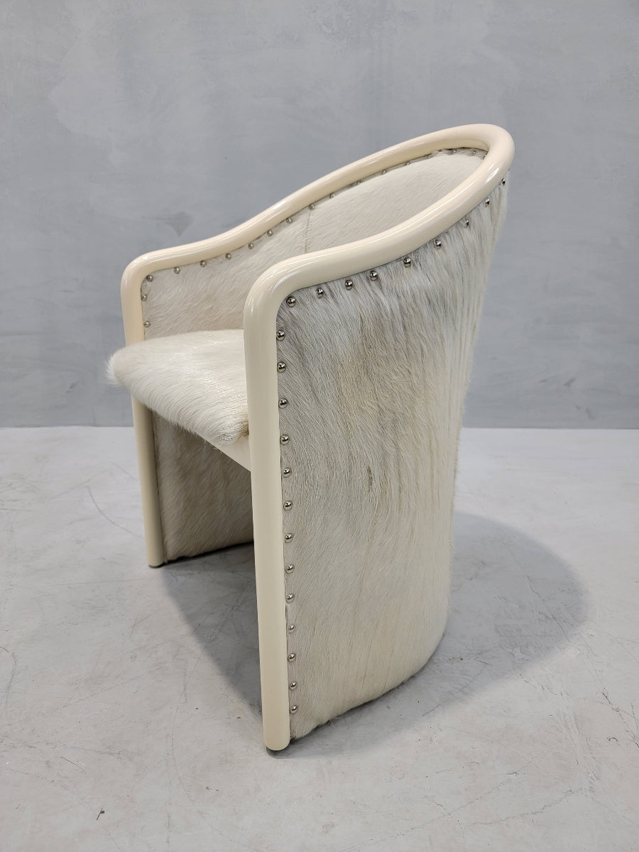 Vintage Italian Cream Lacquer Barrel Back Occasional Chair by Tonon Newly Reupholstered in Cowhide