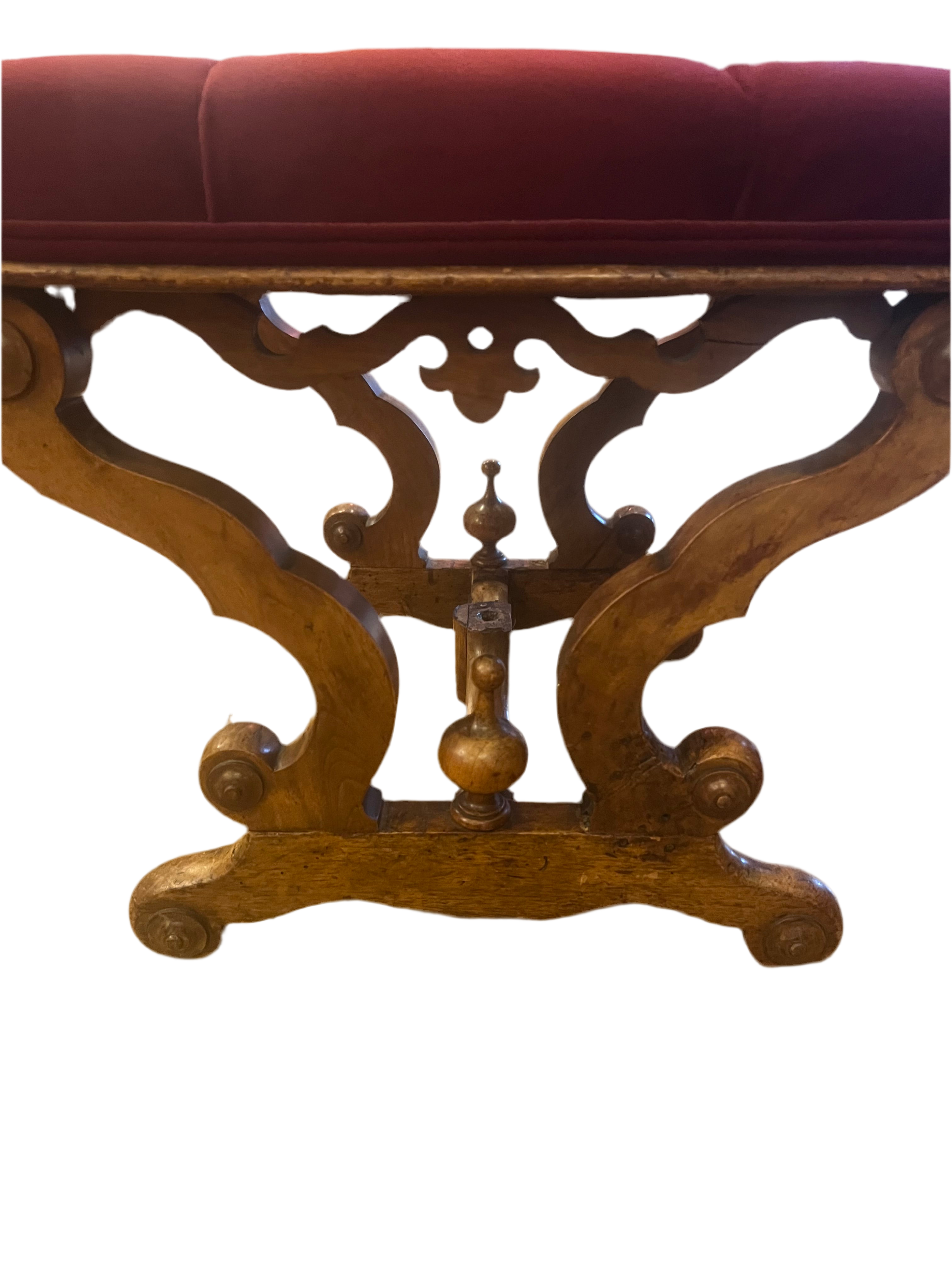 Antique Tufted Ottoman Newly Reupholstered in Burgundy Velvet