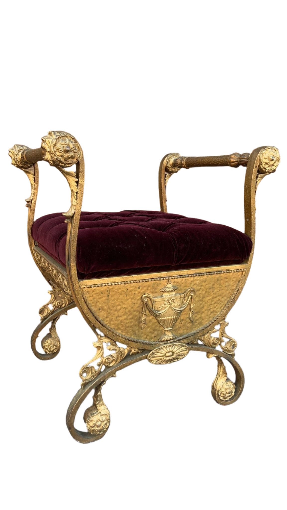 Antique Italian Renaissance Ornate Tufted Gild Bench Newly Reupholstered