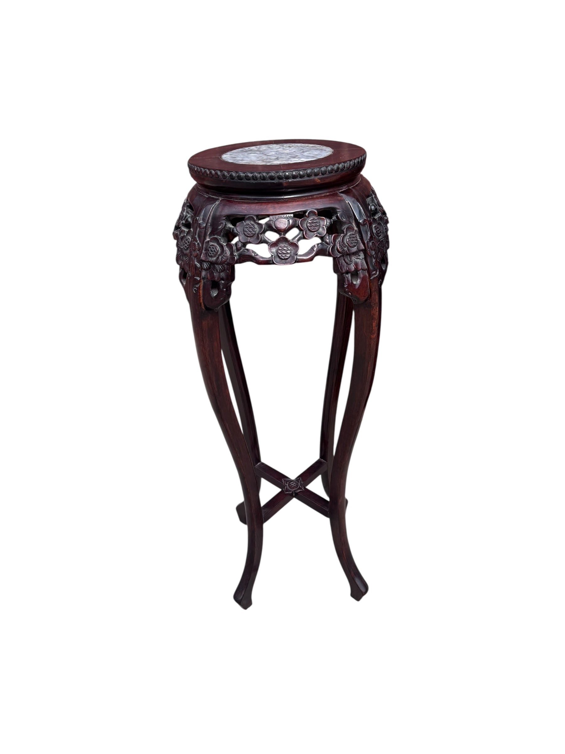 Antique Chinese Carved Rosewood & Rouge Marble Pedestal Stand Table