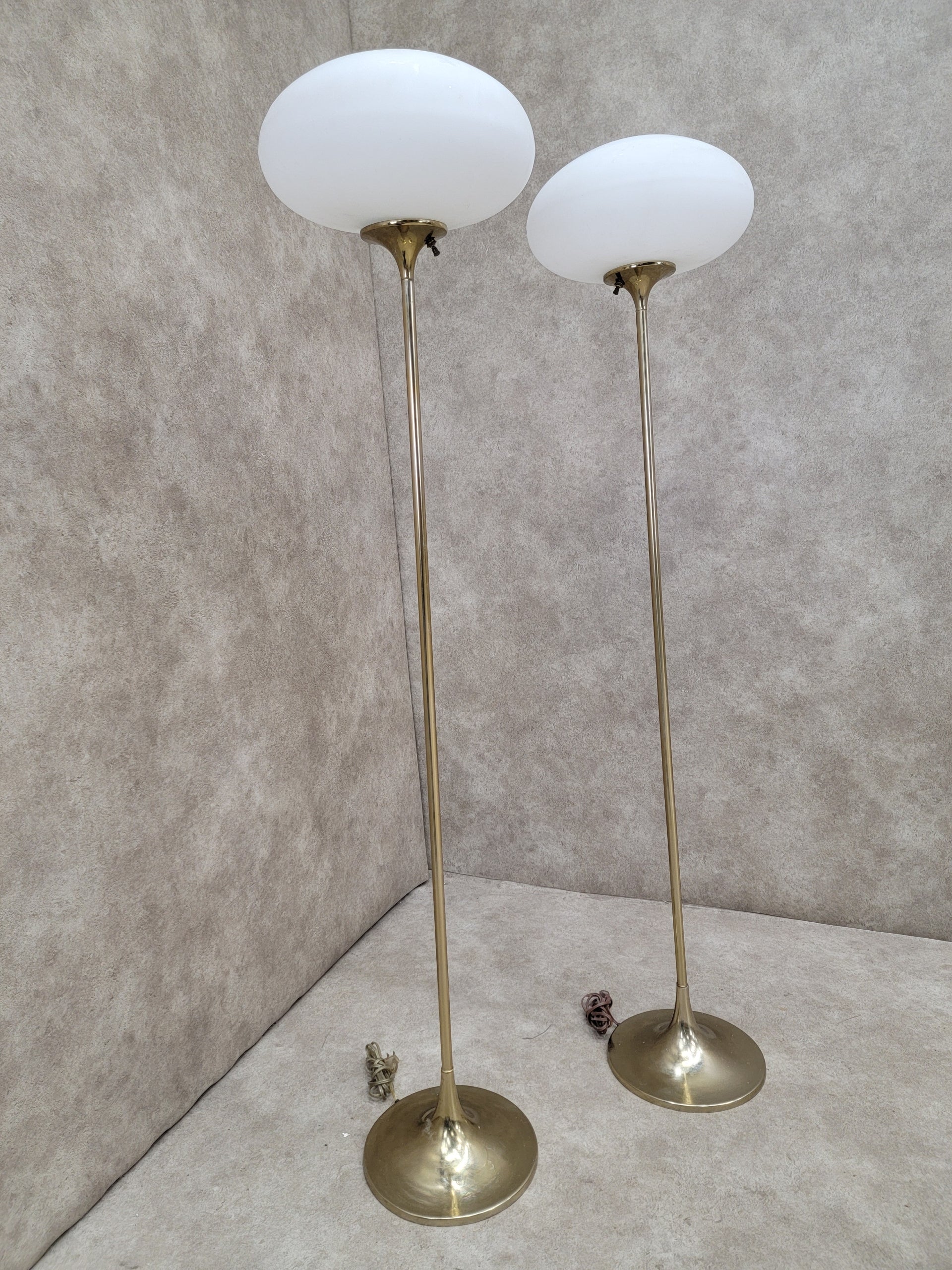 Mid Century Modern Laurel Brass Tulip Base with Milk-Glass Shade Mushroom Floor Lamps - Pair