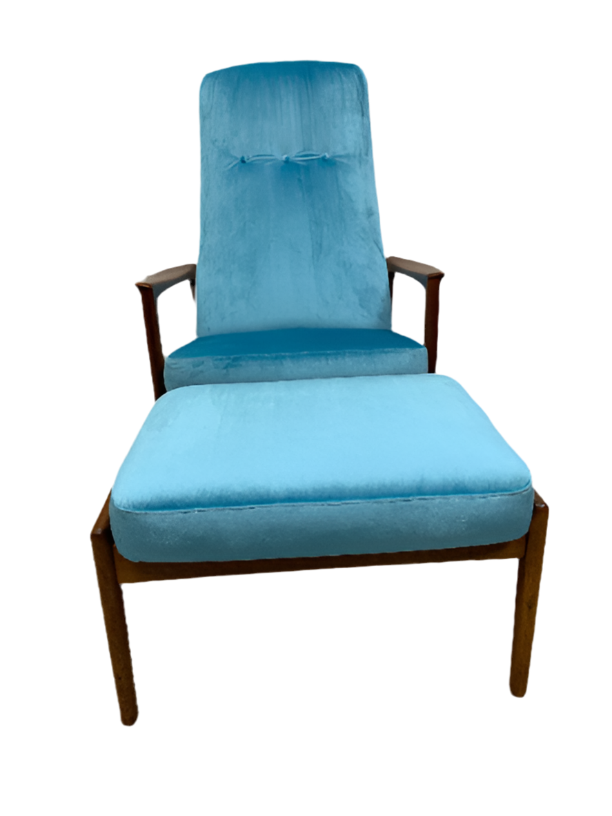 Mid Century Modern Danish Folke Ohlsson Teak Lounge Chair and Ottoman Newly Reupholstered