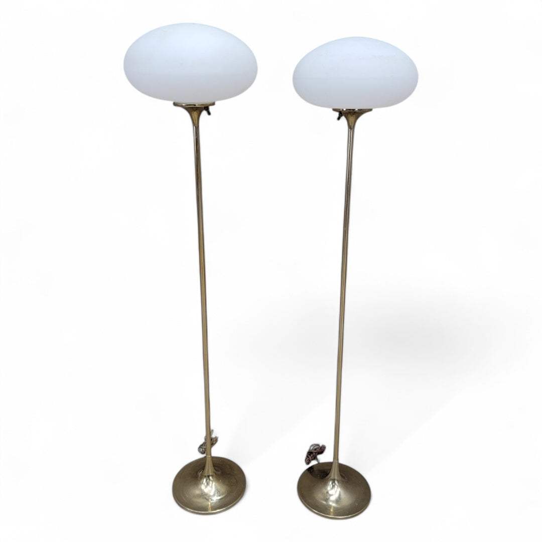 Mid Century Modern Laurel Brass Tulip Base with Milk-Glass Shade Mushroom Floor Lamps - Pair