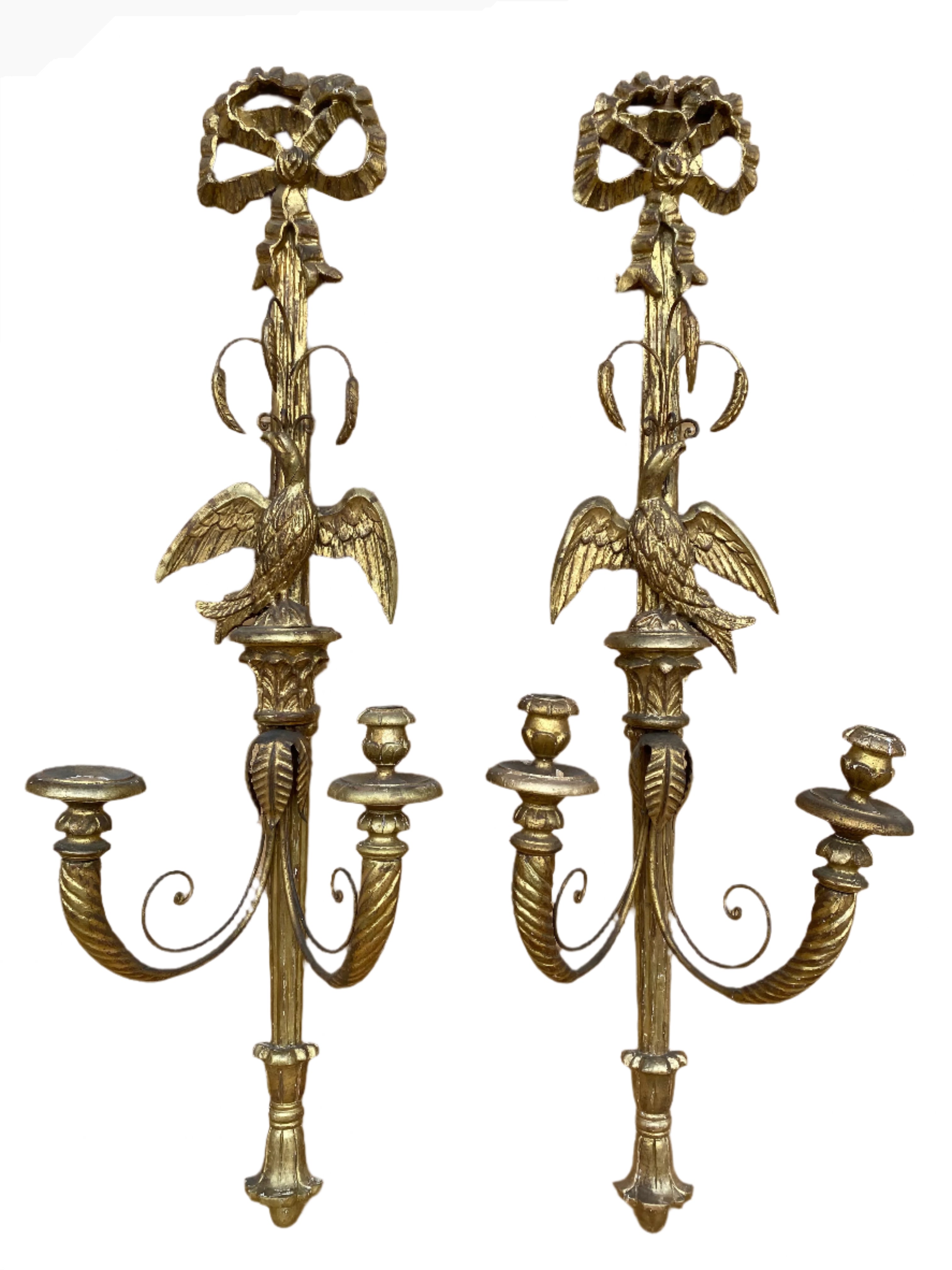 Antique Italian Federal Style Figural Carved Gold Gilded Candle Wall Sconce - Pair
