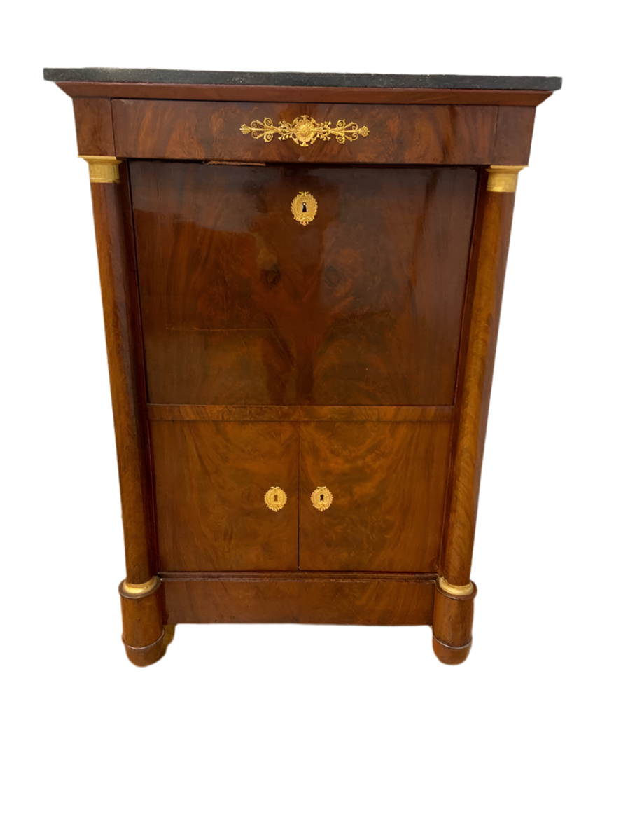 Antique French Empire Mahogany Gilt-Bronze Marble-Top Abattant Secretary Desk
