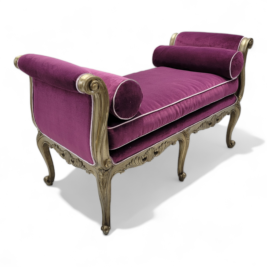 Vintage Marge Carson Carved Beauvais Bench Settee Newly Reupholstered in Velvet