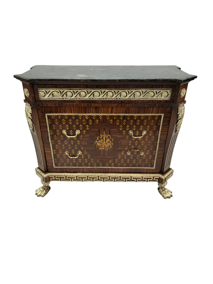 Antique French Empire Style Marquetry Inlay Chest Commode