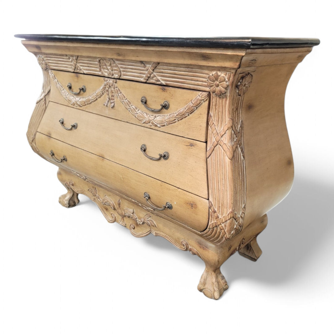 New - Vintage Italian Antiqued Style Carved Bombe Chest with Black Marble Stone Top
