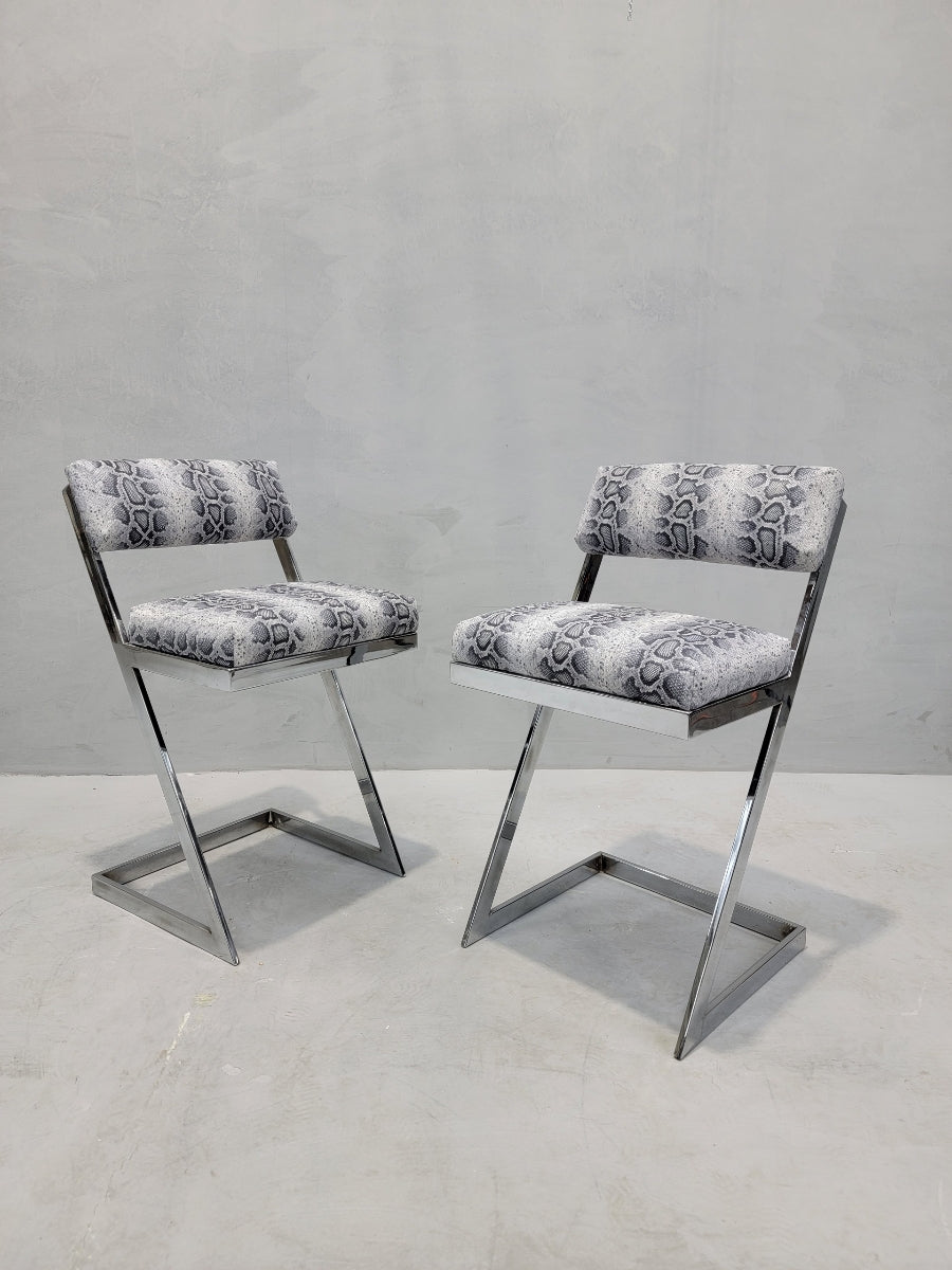 Mid Century Modern Milo Baughman DIA Style Chrome Z Flat-Bar Cantilevered Chairs Newly Reupholstered in Leather- Pair