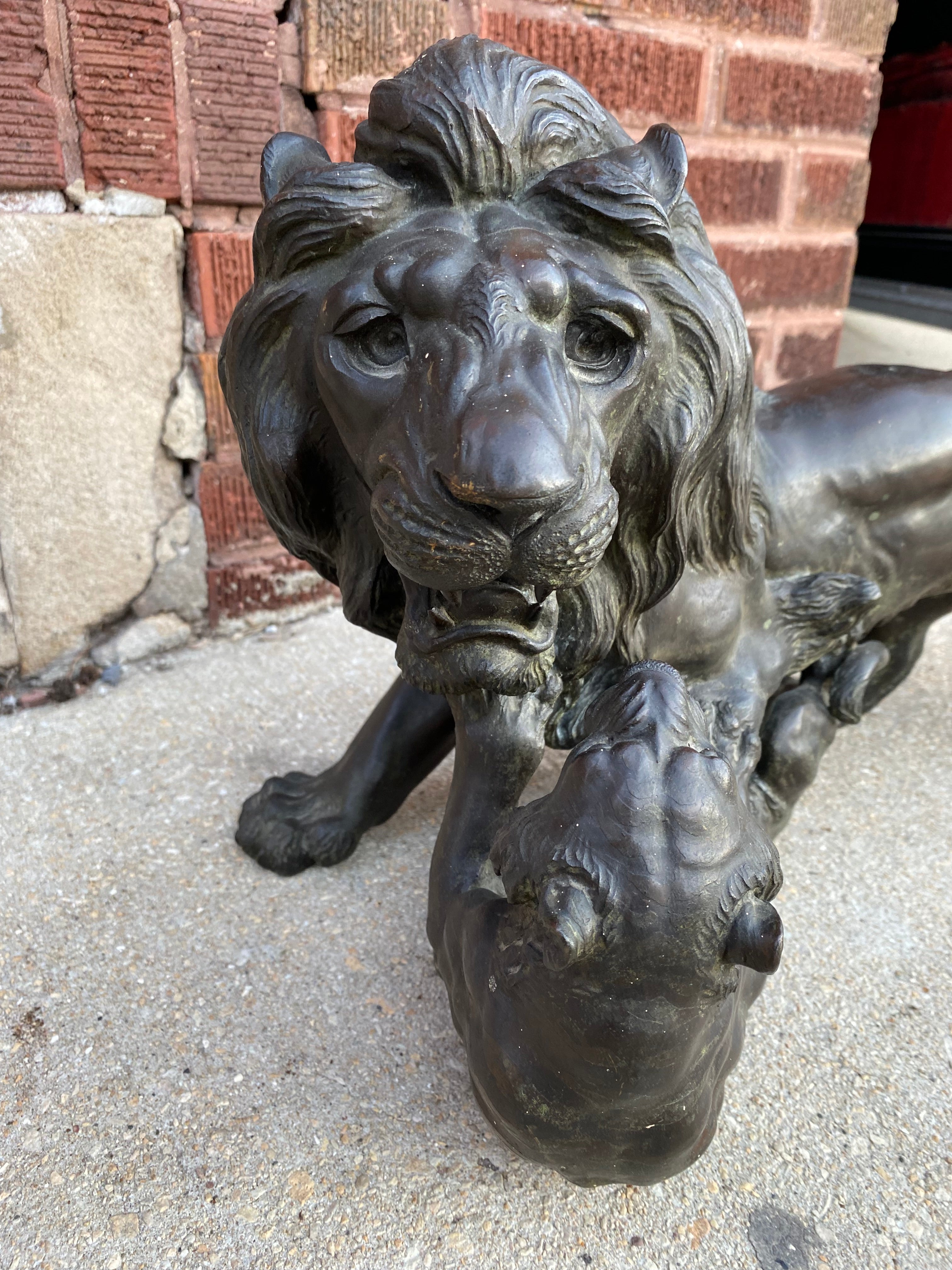 Antique Japanese Bronze Sculpture of Roaring Lion vs. Tiger